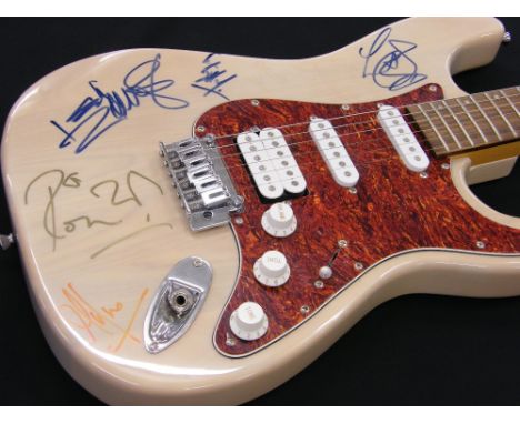 Rolling Stones autographed Ace Pro electric guitar, bearing the signatures of Mick Jagger, Keith Richards, Bill Wyman, Ronnie