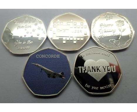 Five 50p commemorative coins. P&amp;P Group 1 (£14+VAT for the first lot and £1+VAT for subsequent lots) 