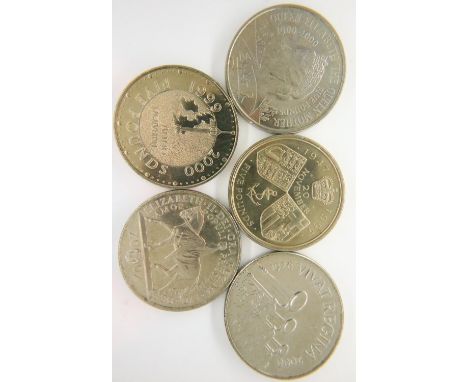 Five £5 coins. P&amp;P Group 1 (£14+VAT for the first lot and £1+VAT for subsequent lots) 