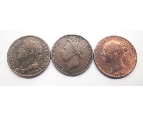 Three early milled copper farthings. P&amp;P Group 1 (£14+VAT for the first lot and £1+VAT for subsequent lots) 