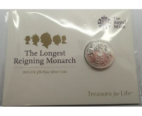 Silver Bullion: 2015 £20 silver round, Longest Reigning Monarch. P&amp;P Group 1 (£14+VAT for the first lot and £1+VAT for su