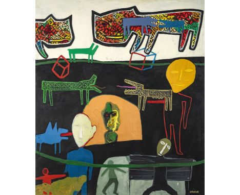 Krygier, Zbigniew1953130 x 110 cm, R.Ohne Titel, 1986. Öl auf Leinwand. In Öl unten rechts signiert sowie rückseitig signiert