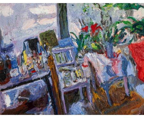 Wais, AlfredStuttgart, 1905 - 198864 x 80 cm, R."Stilleben mit Tischchen", 1973. Öl auf Hartfaserplatte. In schwarzem Stift r