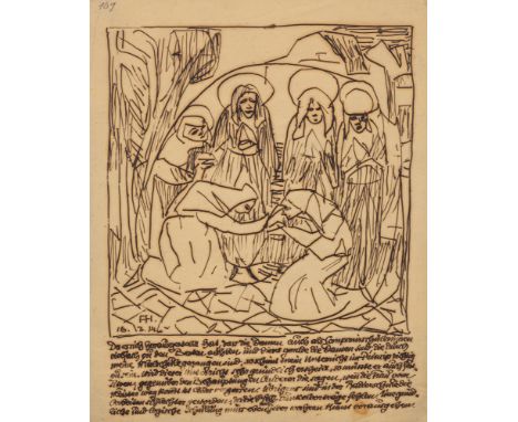 Hölzel, AdolfOlmütz, 1853 - Stuttgart, 193428,4 x 22,3 cm, o. R.Komposition mit Engeln, mit Schriftsockel, 1914. Tuschfeder a