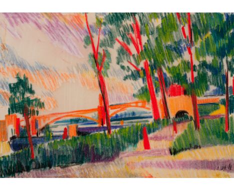 Schurr, ErichStuttgart, 1906 - 198926,5 x 38 cm, o. R."König-Karls Brücke", 1932. Pastell auf Pergamentpapier, auf Karton auf