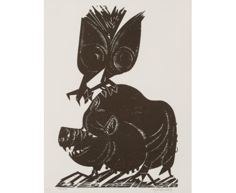 Grieshaber, HAPRot an der Rot, 1909 - Reutlingen, 1981Blattggröße: 46 x 36 cm, R."Sturzflug", 1975, Holzschnitt auf Büttenkar