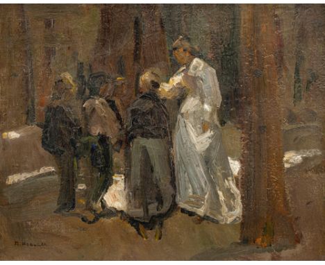 Hölzel, AdolfOlmütz, 1853 - Stuttgart, 193450 x 60 cm, R."Kinder im Walde", um 1900. Öl auf Leinwand. In Öl unten links signi