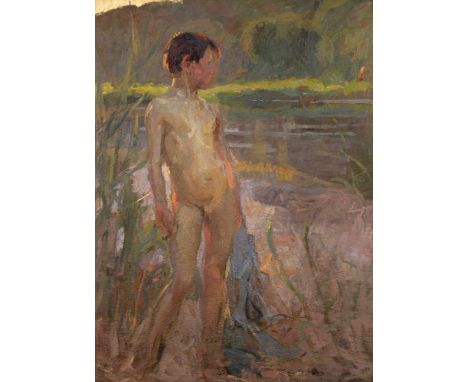 Landenberger, ChristianEbingen 1862 - Stuttgart 192782 x 61 cm o. R."Badender Bub an der Donau", um 1900. Öl auf Leinwand. Rü