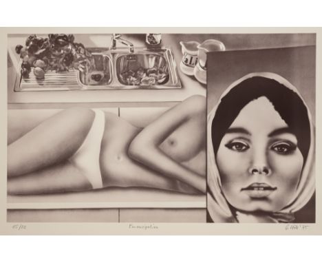 Höll, Günter F.Stuttgart,  1941Blattgröße:53,5 x 80 cm, o. R."Emanzipation", 1975. Farbserigraphie auf leichtem Karton. In Bl