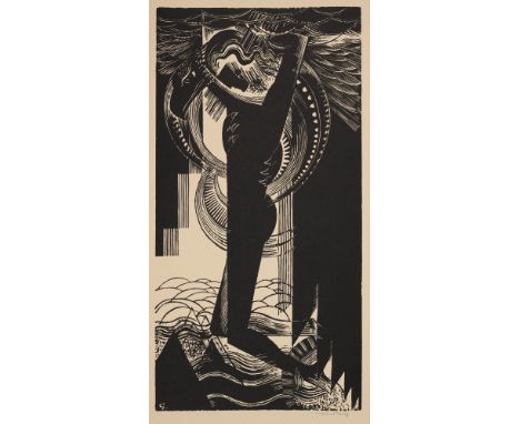 Graf, GottfriedMengen, 1881 - Stuttgart, 1938Blattgröße: 76,5 x 50 cm, o. R.Knieender Akt nach links. Holzschnitt auf Papier.