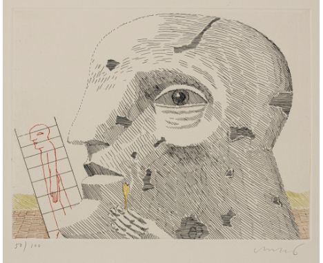 Antes, HorstHeppenheim, 193619,5 x 24,5 cm, R.Kopf mit Blume, Leiter und Figur. Farbradierung auf Bütten. In Bleistift unten 