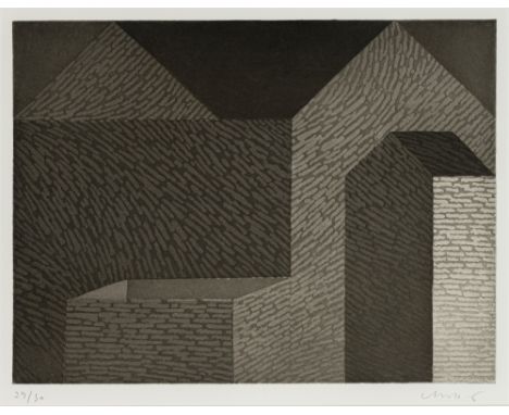 Antes, HorstHeppenheim, 193630 x 39,5 cm, R.Haus ohne Dach, kleines Haus und Silo, 1998. Radierung auf Bütten. In Bleistift u