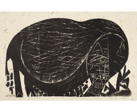 Grieshaber, HAPRot an der Rot, 1909 - Reutlingen, 1981Blattgröße:52 x 75,5 cm, o. R."Hängebauchschwein", 1961. Holzschnitt au