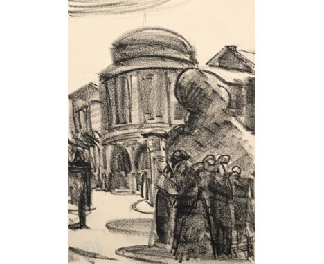 Straube, WilliamBerlin, 1871 - Neufrach/Bodensee, 195427 x 19,5 cm, o. R.Figurengruppe vor Rundbau (Berlin). Schwarze Kreide 