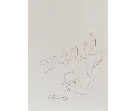 Klapheck, KonradDüsseldorf, geboren 193529 x 20 cm, o. R."Merci". Kugelschreiber auf dem Papier der Speisekarte des Restauran