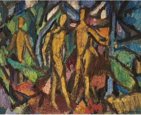 Lehmann, AlfredStuttgart, 1899 - 197940 x 48 cm, R.Drei Akte in Landschaft. Öl auf Karton. In Öl unten rechts signiert.Privat