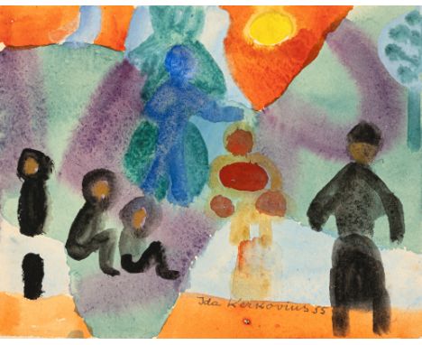Kerkovius, IdaRiga, 1879 - Stuttgart, 197019 x 24 cm, o. R.Menschen in Landschaft, 1955. Aquarell auf Papier, auf Papier aufg