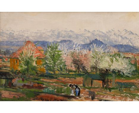 Graf, GottfriedMengen, 1881 - Stuttgart, 193844 x 67 cm, R."Schwäbische Landschaft - Bäuerin im Garten". Öl auf Holz. Rücksei
