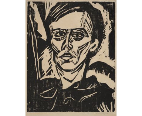 Gothein, WernerKarlsruhe, 1890 - 1968Blattgröße: 56 x 41,5 cm, o.. R.Männerkopf, um 1920. Holzschnitt auf Papier. In Tinte un