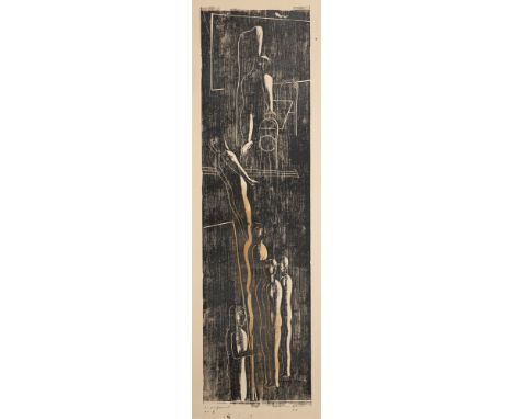 Wörn, WalterStuttgart, 1901 - 1963Blattgröße: 105 x 41,5 cm, o. R."Badegruppe mit Springer", 1948. Holzschnitt mit Aquarell a