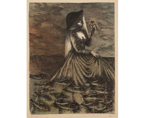 Nagel, HannaHeidelberg, 1907 - 197533,7 x 26 cm, o. R."Die Blume". Aquarellierte Tuschfederzeichnung auf Papier, auf Karton a