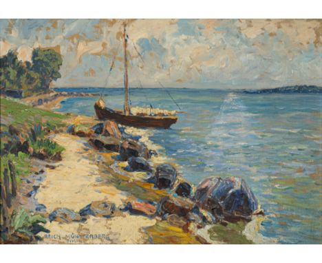 Reich-Münsterberg, EugenMünsterberg, 1866 - Berlin, 194349 x 69 cm, R.Segelboot am Ufer. Öl auf Leinwand. In Öl unten links s