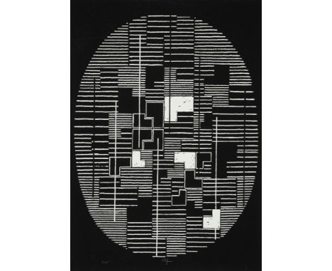 Fleischmann, AdolfEsslingen, 1892 - Stuttgart, 1968Blattgröße: 70,5 x 50 cm, o. R.Ohne Titel. Serigraphie auf schwarzem Papie