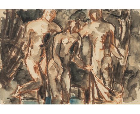 Henninger, ManfredBacknang, 1894 - Stuttgart, 198624 x 36 cm, R.Nackte in Landschaft, Mischtechnik auf Papier.Privatbesitz, B