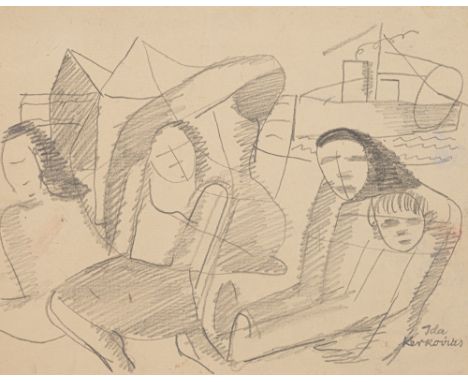Kerkovius, IdaRiga, 1879 - Stuttgart, 197020 x 25 cm, o. R.Vier sitzende Figuren an Meer. Bleistift auf Papier. In Bleistift 