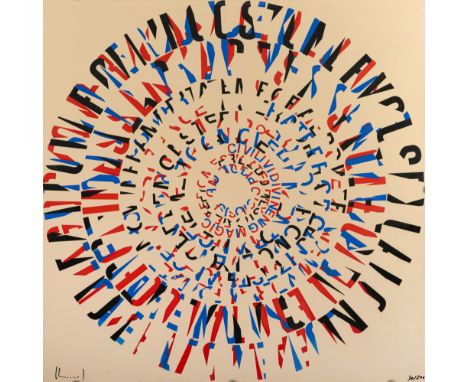 Kriwet, FerdinandDüsseldorf, 1942 - Bremen, 2018125 x 125 cm, R.Poem print (Textscheibe), 1971. Farbserigraphie auf Plastikfo