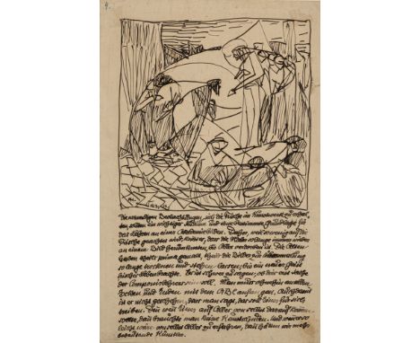 Hölzel, AdolfOlmütz, 1853 - Stuttgart, 193433 x 21 cm, o. R.Figurenkomposition mit Schriftsockel, 1914. Tusche auf Papier. In
