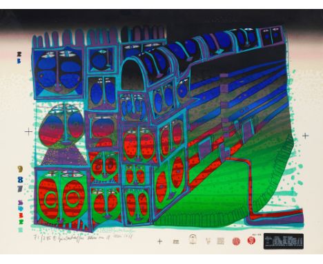 Hundertwasser, FriedensreichWien, 1928 - Kreuzfahrtschiff Queen Elizabeth II, vor Neuseeland, 200055,5 x 73 cm, R."Nachtzug",