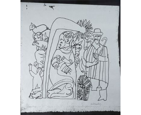 Grieshaber, HAPRot an der Rot, 1909 - Reutlingen, 198158 x 54 cm, R."Schwäbisches Krippenbild", 1977. Holzschnitt in Silber a