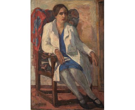 Deicher, LuiseWaiblingen, 1891 - 1973145 x 97 cm, R.Selbstbildnis, sitzend im Malerkittel, 1928. Öl auf Leinwand. In Öl unten