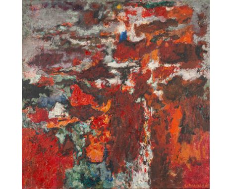 Schreiner, HansBad Friedrichshall, 1930 - 201862,5 x 62 cm, R."Roter Berg und rote Wolke", 1960. Öl auf Leinwand. In Öl unten