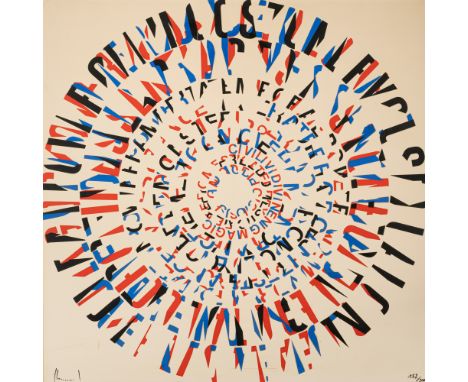 Kriwet, FerdinandDüsseldorf, 1942 - Bremen, 2018125 x 125 cm, R.Poem print (Textscheibe), 1971. Farbserigraphie auf Plastikfo