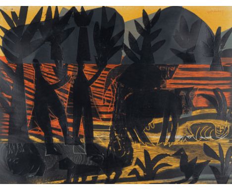 Grieshaber, HAPRot an der Rot, 1909 - Reutlingen, 198150 x 65 cm, R."Schwäbische Alb", 1964.  Farbholzschnitt auf Kupferdruck