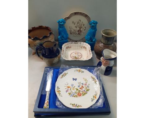 A pair of blue glazed Chinese fire dogs on plinth, 26cm high, an Aynsley Cottage Garden cake plate and knife, a Doulton jug a