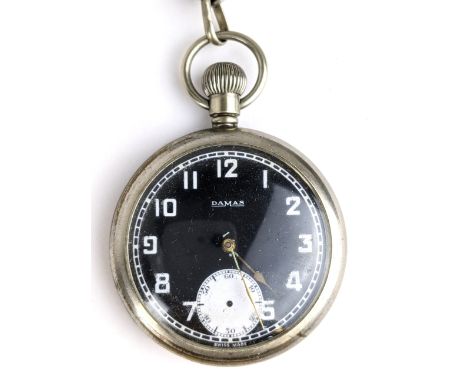A WWII British military Damas open faced pocket watch, having a black dial with Arabic numerals, subsidiary seconds dial A/F,
