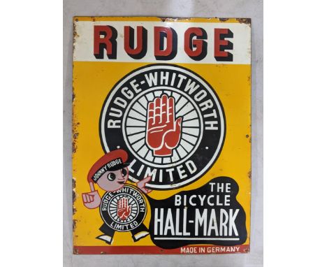 A late 20th century 'Rudge-Whitworth Limited' enamel advertising sign 61cm h x 46cm w Location: 