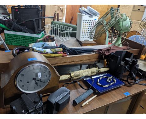 A mixed lot to include Horizon Ambassador binoculars, oak cased mantel clock, vintage cameras, scarves, Indian carving set, v