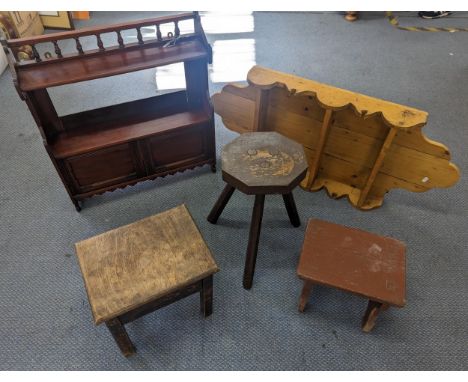 Mixed furniture comprising three stools to include one in the style of a  milking stool, a pine shelf and a mahogany cabinetL