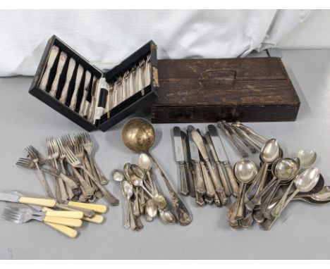 Cutlery and flatware to include a ladle, Kings pattern fish knives and forks cased, and other items Location: 