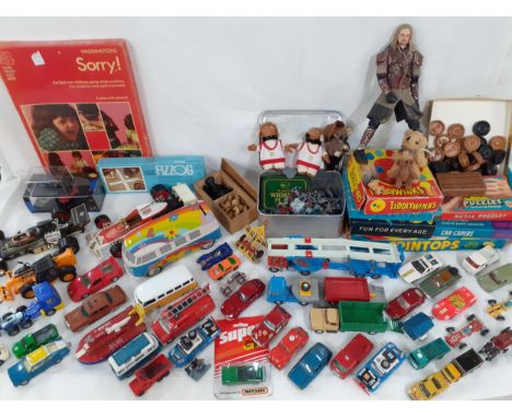 Vintage puzzles, diecast vehicles to include a Dinky SRN6 Hovercrafts and a Corgi transporter, a complete treen chess set, pl