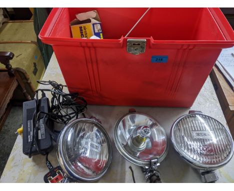 A mixed lot to include two Lucas car headlamps and a fox light Location: 