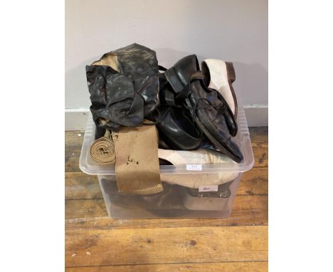 Militaria mixed lot consisting of george boots, army boots and shoes, mess tins, spurs, scarves etc.