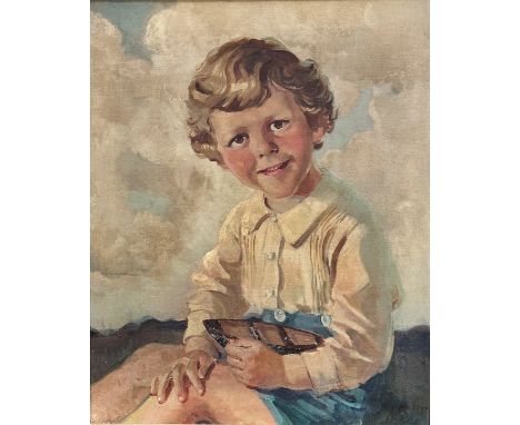 Stella Arier, Portrait of a Young Child Holding a Model Boat, oil on canvas, signed bottom right and dated 1931, gilt composi