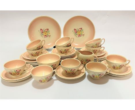 A Susie Cooper 1930s Crown Works Burslem England, Swansea spray pattern tea service of forty four pieces including two cake p