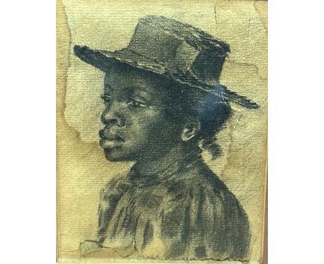 A late 19thc portrait of an Afro Caribbean girl with Straw Hat, charcoal on coloured paper, glazed frame and mount (14 x 10) 