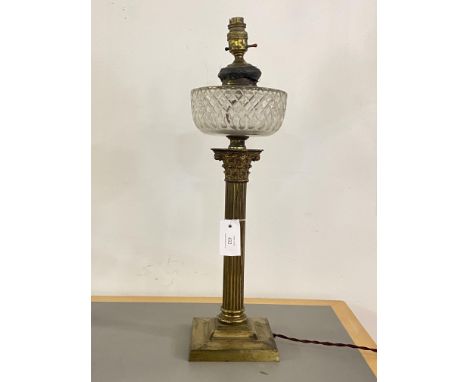 A 19th century gilt brass Corinthian column table light, converted from an oil lamp, H58cm